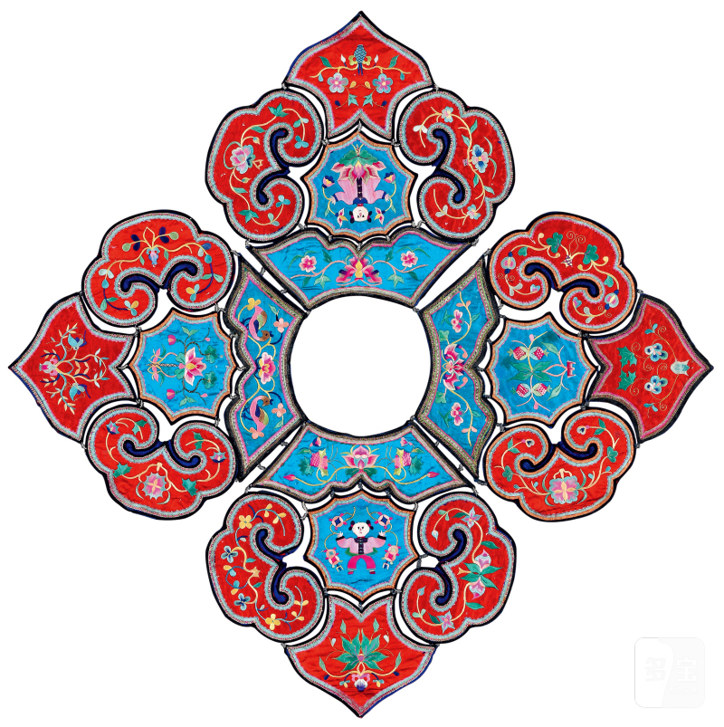 清 四合如意式花卉人物纹云肩
